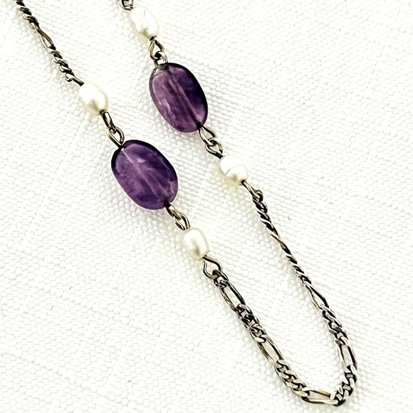 Necklace~Italian SterlingSilver~Amethyst~Pearl - Picture 1 of 8